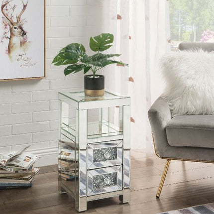 ACME 97956 Noralie Accent Table, Clear Glass, Mirrored & Faux Diamonds