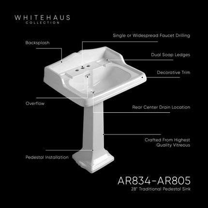 Whitehaus Isabella Collection Traditional Pedestal With An Integrated Large Rectangular Bowl - AR834-AR805-1H Whitehaus