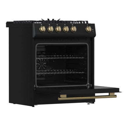 Forno Leonardo Espresso 30-Inch Black Gas Range, 5 Burners, 39,500 BTU, 5 cu.ft Convection Oven FORNO