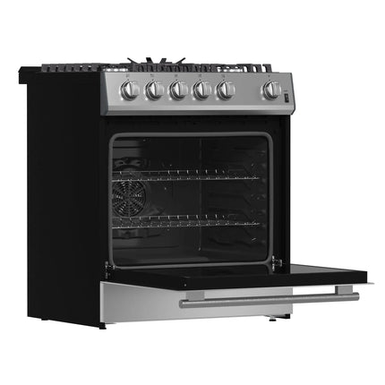Forno Leonardo 30-Inch Stainless Steel Gas Range, 5 Sealed Burners (Totaling 39,500 BTU), 5 cu.ft. Convection Oven, Continuous Cast Iron Grates, Black Enamel Interior, Auto Re-Ignition, LP Conversion Kit Included FORNO
