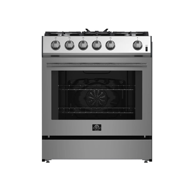 Forno Leonardo 30-Inch Stainless Steel Gas Range, 5 Sealed Burners (Totaling 39,500 BTU), 5 cu.ft. Convection Oven, Continuous Cast Iron Grates, Black Enamel Interior, Auto Re-Ignition, LP Conversion Kit Included FORNO