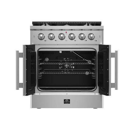 Forno Galiano 30-Inch Freestanding French Door Gas Range, 4 Burners, Convection Oven, Energy Efficient FORNO