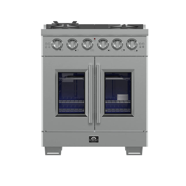 Forno Capriasca 30-Inch Freestanding French Door Gas Range, 4 Burners, Convection Oven, Energy Efficient FORNO