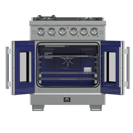 Forno Capriasca 30-Inch Freestanding French Door Gas Range, 4 Burners, Convection Oven, Energy Efficient FORNO