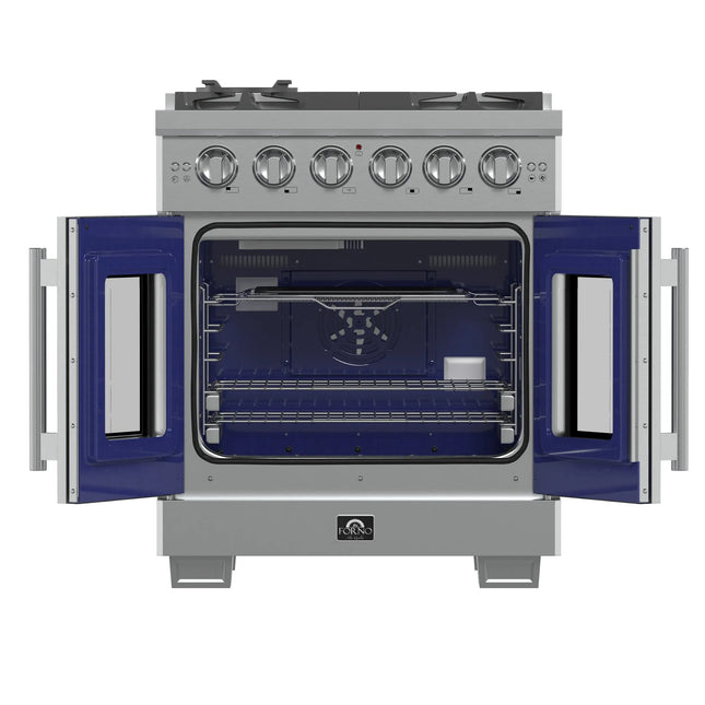 Forno Capriasca 30-Inch Freestanding French Door Gas Range, 4 Burners, Convection Oven, Energy Efficient FORNO