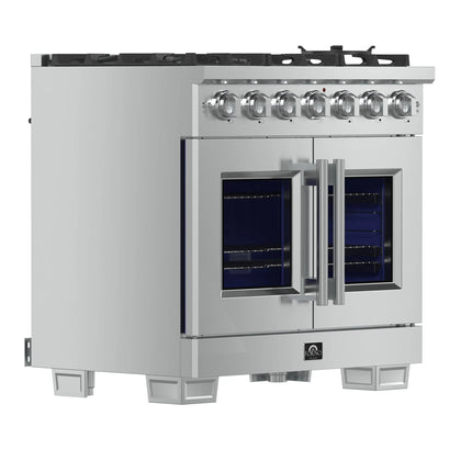 Forno Capriasca 36-Inch Freestanding French Door Gas Range, 6 Burners, Convection Oven, Energy Efficient FORNO