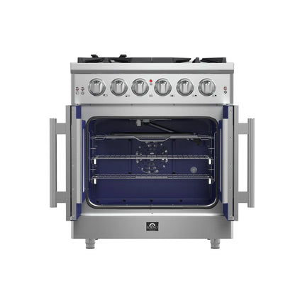 Forno Massimo 30-Inch Freestanding French Door Gas Range, 4 Burners, Convection Oven, Energy Efficient FORNO