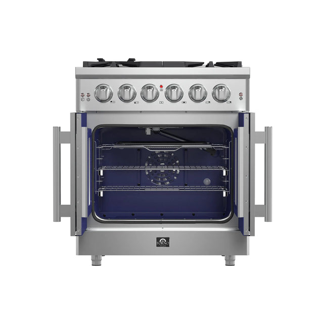 Forno Massimo 30-Inch Freestanding French Door Gas Range, 4 Burners, Convection Oven, Energy Efficient FORNO