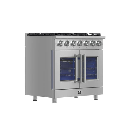 Forno Massimo 36-Inch Freestanding French Door Gas Range, 6 Burners, Convection Oven, Energy Efficient FORNO