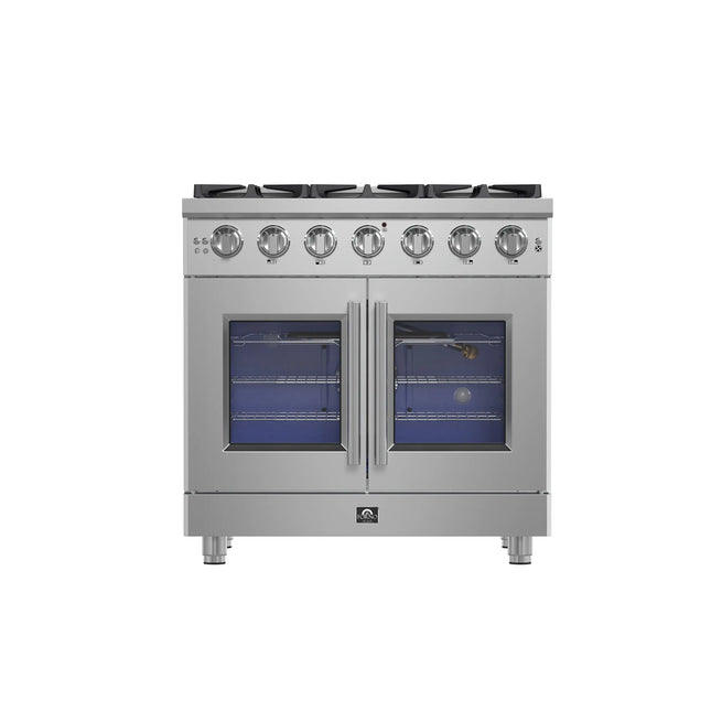 Forno Massimo 36-Inch Freestanding French Door Gas Range, 6 Burners, Convection Oven, Energy Efficient FORNO