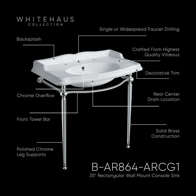 Whitehaus Britannia Large Rectangular Sink Console With Front Towel Bar And Single Faucet Hole Drill - B-AR864-ARCG1 Whitehaus