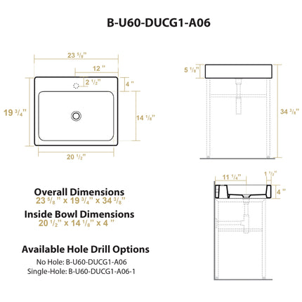 Whitehaus Britannia Rectangular Sink Console With Front Towel Bar And No Hole Drill - B-U60-DUCG1-A06 Whitehaus
