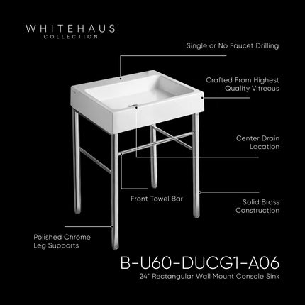 Whitehaus Britannia Rectangular Sink Console With Front Towel Bar And No Hole Drill - B-U60-DUCG1-A06 Whitehaus