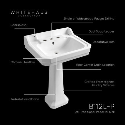 Whitehaus Isabella Collection Traditional Pedestal With Integrated Large Rectangular Bowl - B112L-P Whitehaus