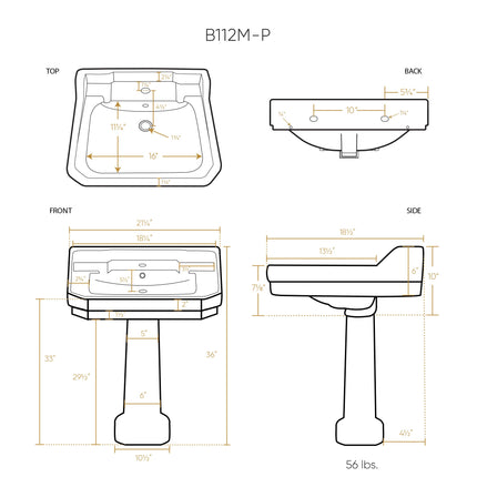 Whitehaus Isabella Collection Traditional Pedestal With Integrated Large Rectangular Bowl - B112M-P Whitehaus