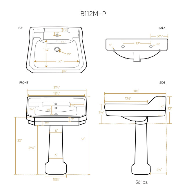 Whitehaus Isabella Collection Traditional Pedestal With Integrated Large Rectangular Bowl - B112M-P Whitehaus