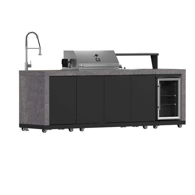 Forno Rimini Outdoor Kitchen 30" BBQ 62,600 BTU, 3 Burners with Sear & Rotisserie, 2.4 cu.ft. Beverage Center, Stainless Steel Sink, Black Cabinets & Gray Sintered Stone Countertop FORNO