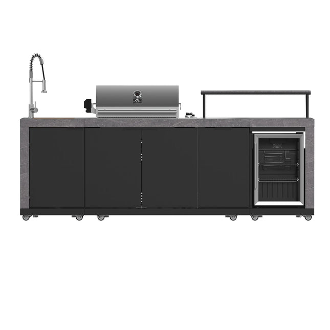 Forno Rimini Outdoor Kitchen 30" BBQ 62,600 BTU, 3 Burners with Sear & Rotisserie, 2.4 cu.ft. Beverage Center, Stainless Steel Sink, Black Cabinets & Gray Sintered Stone Countertop FORNO