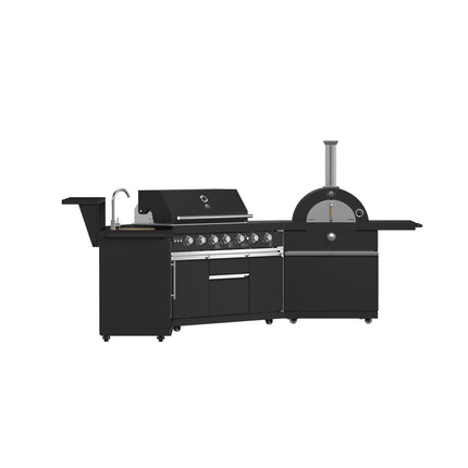 Forno All’Aperto 87,600 BTU Outdoor Kitchen, 4 Burners, Infrared Burners, Side Burner, Black Sintered Stone Countertops, Gas Pizza Oven, Sink Module, Bar & Beverage Center FORNO