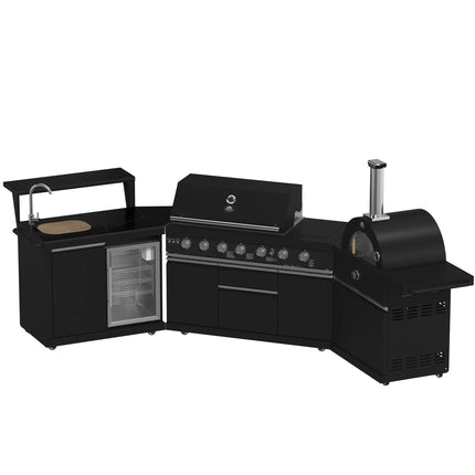 Forno All’Aperto 87,600 BTU Outdoor Kitchen, 4 Burners, Infrared Burners, Side Burner, Black Sintered Stone Countertops, Gas Pizza Oven, Sink Module, Bar & Beverage Center FORNO