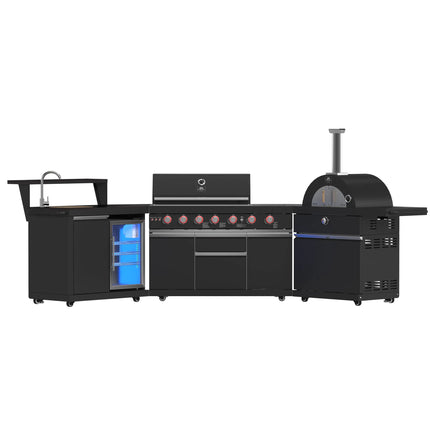 Forno All’Aperto 87,600 BTU Outdoor Kitchen, 4 Burners, Infrared Burners, Side Burner, Black Sintered Stone Countertops, Gas Pizza Oven, Sink Module, Bar & Beverage Center FORNO
