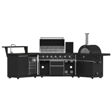 Forno All’Aperto 87,600 BTU Outdoor Kitchen, 4 Burners, Infrared Burners, Side Burner, Black Sintered Stone Countertops, Gas Pizza Oven, Sink Module, Bar & Beverage Center FORNO