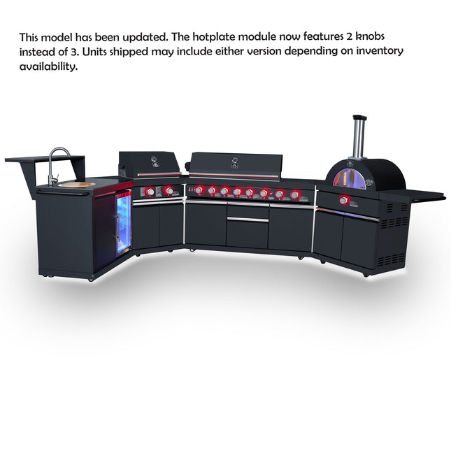 Forno All’Aperto 99,600 BTU Outdoor Kitchen, 5 Burners, Infrared Burners, Side Burner, Black Sintered Stone Countertops, Gas Pizza Oven, Sink Module, Bar & Beverage Center FORNO