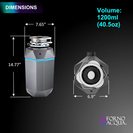 FORNO ACQUA BrightDIAMOND Black Onyx 1HP Super Quiet Garbage Disposal Corded with Motion Sensor Cabinet Light & Pre-Wired Air Switch FORNO ACQUA