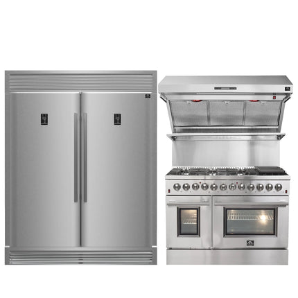 FORNO Premium 3-Piece Kitchen Bundle - FORNO Galiano 48" Freestanding Dual Fuel Range, FORNO Rizzuto 60" W. Dual Combo Convertible Refrigerator, FORNO 48" Wall Mount Range Hood - FBDL-017-02US Forno vendors US
