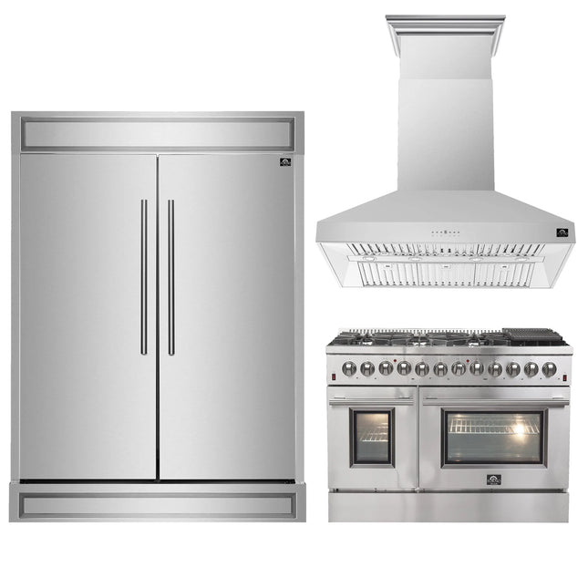 FORNO Premium 3-Piece Kitchen Bundle - FORNO Galiano 48" Freestanding Dual Fuel Range, FORNO Maderno 60" 2-Piece Convertible Refrigerator/Freezer Built-In with Decorative Grill Trim, 27.2 cu.ft., FORNO Orvieto 48" Wall Mount Range Hood - FBDL-017-04CAUS Forno vendors US