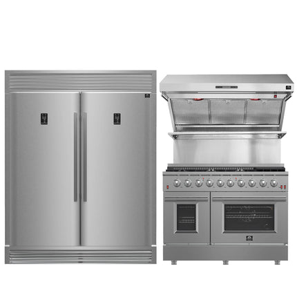FORNO Premium 3-Piece Kitchen Bundle - FORNO Galiano 48" Freestanding Gas Range, FORNO Rizzuto 60" W. Dual Combo Convertible Refrigerator, FORNO 48" Wall Mount Range Hood - FBDL-018-02US Forno vendors US