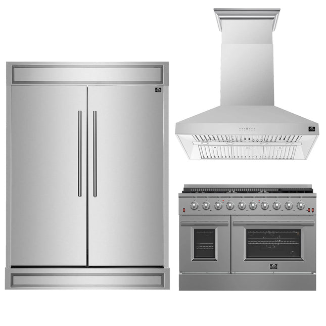 FORNO Premium 3-Piece Kitchen Bundle - FORNO Galiano 48" Freestanding Gas Range, FORNO Maderno 60" 2-Piece Convertible Refrigerator/Freezer Built-In with Decorative Grill Trim, 27.2 cu.ft., FORNO Orvieto 48" Wall Mount Range Hood - FBDL-018-04CAUS Forno vendors US