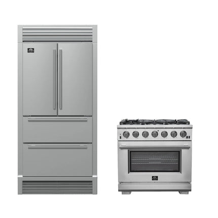 FORNO Premium 2-Piece Kitchen Bundle - Galiano 48" Stainless Steel Range, Forno Moena 36" French Door 19.2 cu. ft Stainless Steel Refrigerator, with Decorative Grill - 40" Wide - FBDL-019-03CAUS FORNO