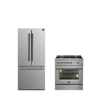 FORNO Premium 2-Piece Kitchen Bundle -Giovanni 30-inch Gas Range Stainless Steel, Forno Gallipoli 30" French Door Refrigerator with Bottom Freezer 17.5 cu. ft Capacity - FBDL-020-01-CAUS FORNO
