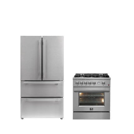 FORNO Premium 2-Piece Kitchen Bundle -Giovanni 30-inch Gas Range Stainless Steel, Forno Moena 36" French Door 19.2 Cu.Ft. Stainless Steel Refrigerator - FBDL-020-02-US FORNO