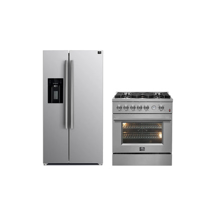 FORNO Premium 2-Piece Kitchen Bundle - Giovanni 30-inch Gas Range Stainless Steel, Forno Salerno 36" Side by Side Stainless Steel Refrigerator 20 cu.ft - FBDL-020-03-CAUS FORNO