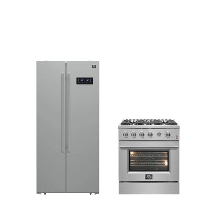 FORNO Premium 2-Piece Kitchen Bundle - Marco 30-inch Gas Range Stainless Steel, Forno Salerno 33" Side-by-Side Stainless Steel Refrigerator 15.6 cu.ft - FBDL-021-01CAUS FORNO