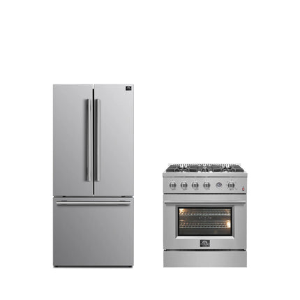 FORNO Premium 2-Piece Kitchen Bundle - Marco 30-inch Gas Range Stainless Steel, Forno Gallipoli 30" French Door Refrigerator with Bottom Freezer 17.5 cu. ft Capacity - FBDL-021-02CAUS FORNO