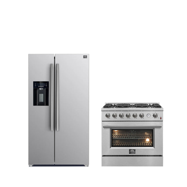 FORNO Premium 2-Piece Kitchen Bundle -Marco 30-inch Gas Range Stainless Steel, Forno Salerno 36" Side by Side Stainless Steel Refrigerator 20 cu.ft - FBDL-021-03CAUS FORNO