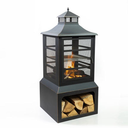 Deko Living 26" Square Outdoor Steel Woodburning Fireplace with Cooking Grill & Log Storage Compartment - COB10507 Deko Living