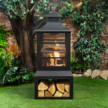 Deko Living 26" Square Outdoor Steel Woodburning Fireplace with Cooking Grill & Log Storage Compartment - COB10507 Deko Living