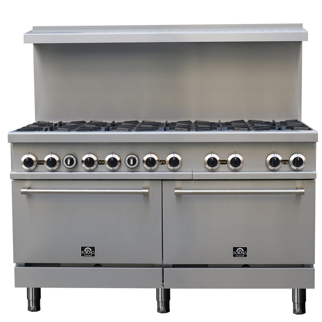 Forno Commerciale 60 Inch Stainless Steel Gas Range, 10 Burners 300,000 BTU Total, 9.3 cu.ft. Ovens FORNO