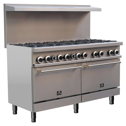 Forno Commerciale 60 Inch Stainless Steel Gas Range, 10 Burners 300,000 BTU Total, 9.3 cu.ft. Ovens FORNO