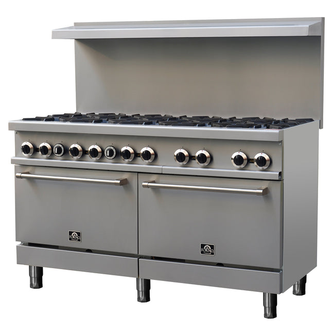 Forno Commerciale 60 Inch Stainless Steel Gas Range, 10 Burners 300,000 BTU Total, 9.3 cu.ft. Ovens FORNO