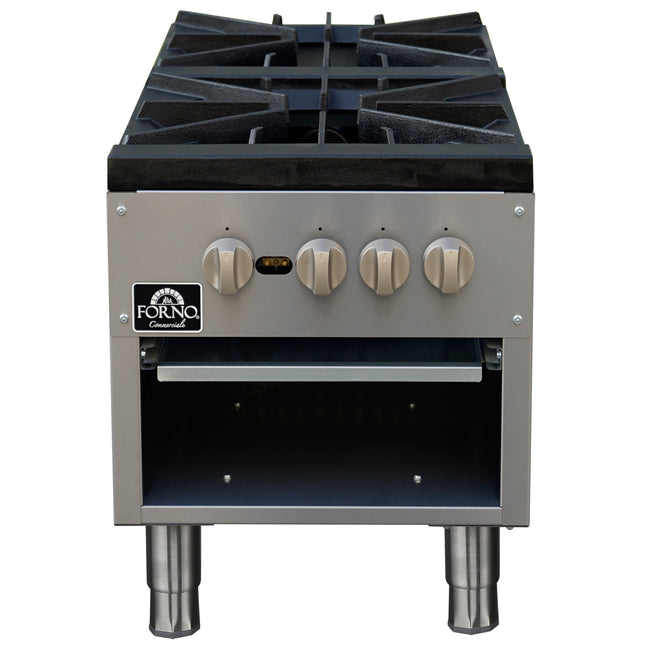 Forno Commerciale gas stock pot range, 2 powerful 3-ring burners, 160,000 BTU, durable stainless steel, heavy-duty cast iron grates FORNO
