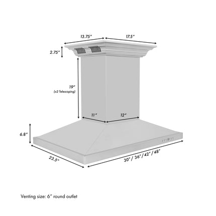 48" ZLINE CrownSound™Ducted Vent Island Mount Range Hood in Stainless Steel with Built-in Bluetooth Speakers (GL2iCRN-BT-48)