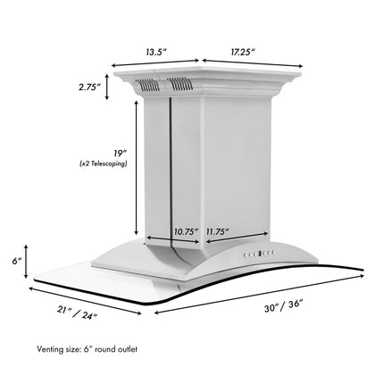 36" ZLINE CrownSound™Ducted Vent Island Mount Range Hood in Stainless Steel with Built-in Bluetooth Speakers (GL9iCRN-BT-36)