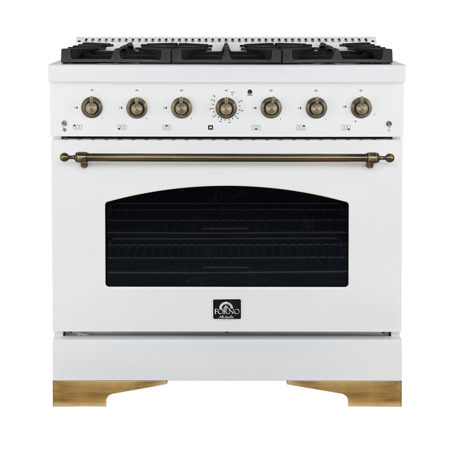 Forno Antico 36-inch Dual Fuel Range White and Antique Brass Design with 6 Sealed Gas Burners and Electric Convection Oven FORNO