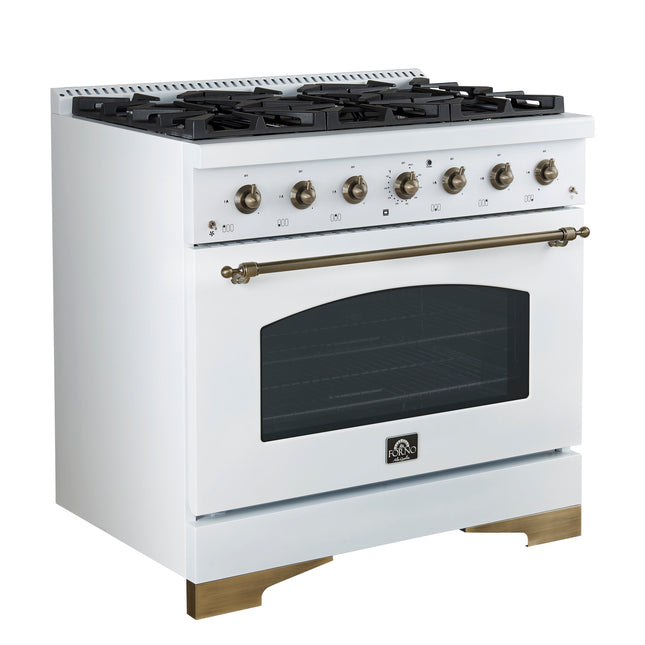 Forno Antico 36-inch Dual Fuel Range White and Antique Brass Design with 6 Sealed Gas Burners and Electric Convection Oven FORNO