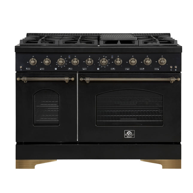 Forno Antico 48-Inch Dual Fuel Range, Black with Antique Brass Finish, 8 Burners, 94,000 BTU, 5.5 cu.ft. Double Ovens & Griddle FORNO